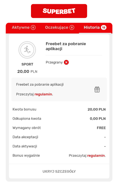 Freebet aplikacja 20 PLN