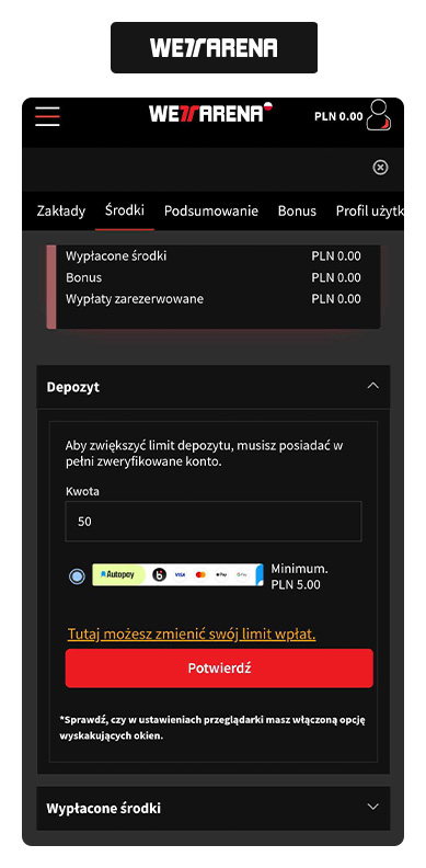 WettArena kod promocyjny – wpłata środków