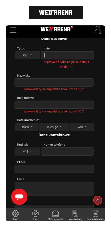WettArena kod promocyjny – dane osobowe