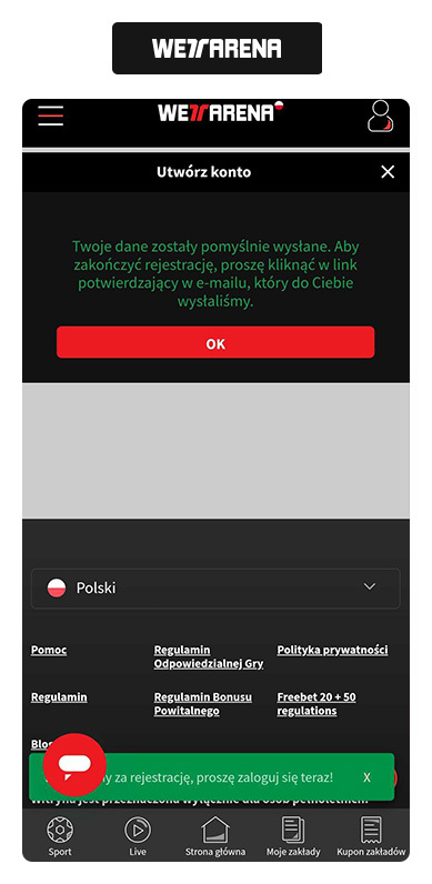 WettArena kod promocyjny – potwierdzenie rejestracji