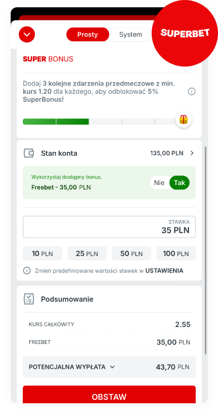 Superbet: freebet 35 PLN na start