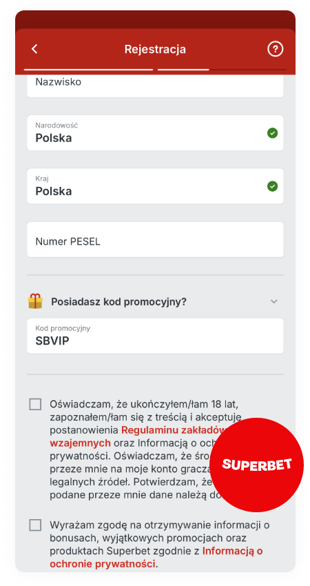 Superbet rejestracja z kodem SBVIP