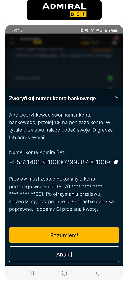 Admiralbet weryfikacja konta bankowego