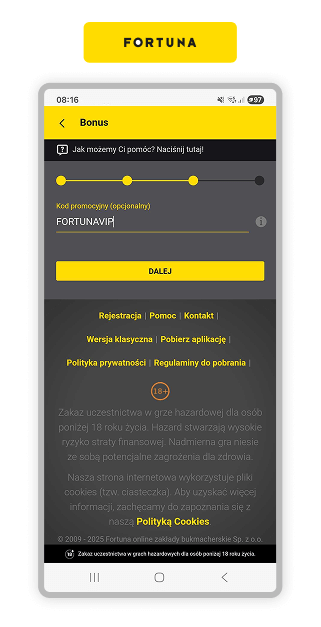 Fortuna rejestracja z kodem