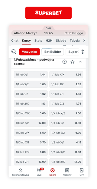 Superbet podwójna szansa | 1 połowa/mecz