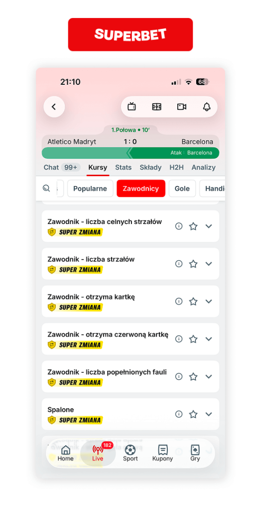 Superbet: oferta na zawodników LIVE