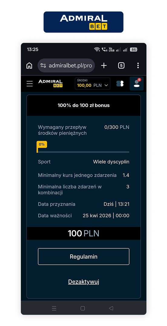 Admiralbet bonus 100%