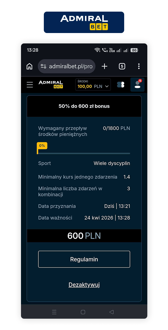 Admiralbet bonus 50% do 600 PLN