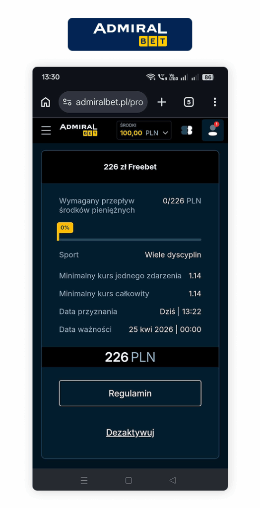 Admiralbet freebet 226 PLN