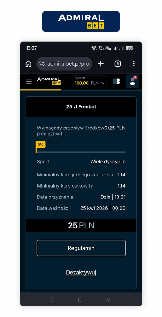 Admiralbet freebet 25 zł