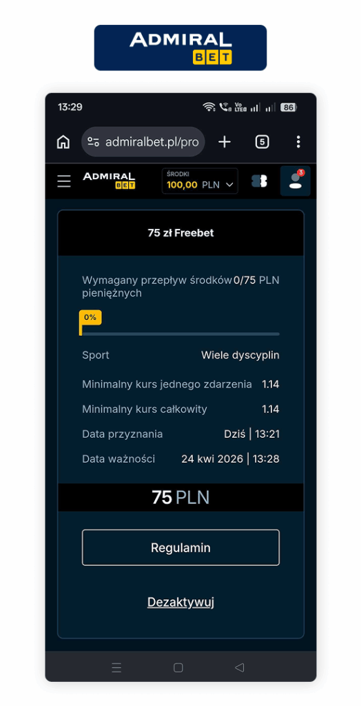 Admiralbet freebet 75 PLN
