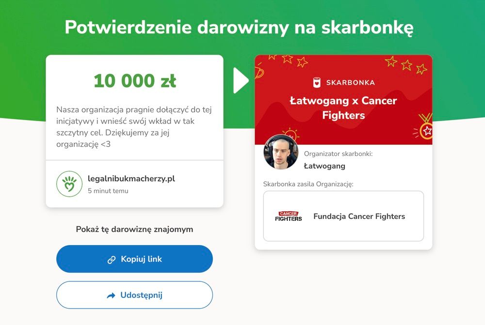 Potwierdzenie wpłaty LB na konto zbiórki Łatwoganga